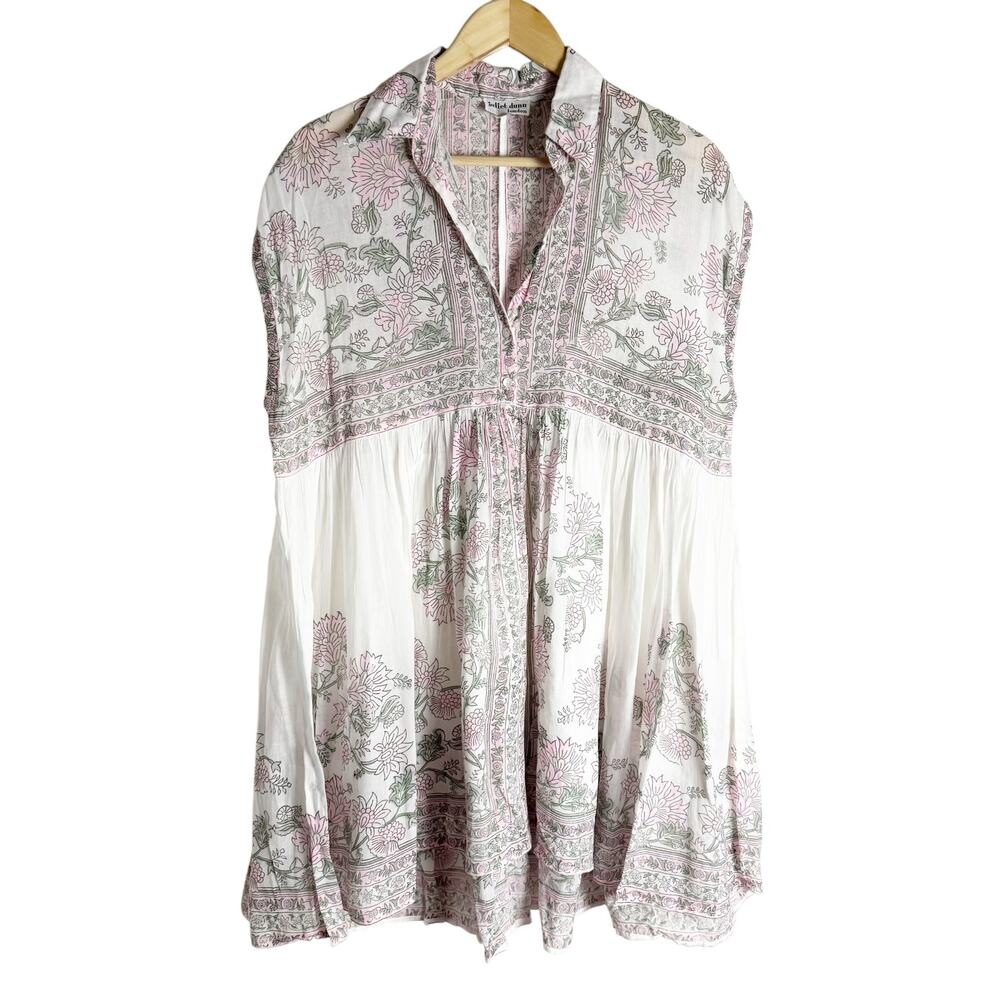 Juliet Dunn London White Floral Block Print Boho Cotton Shirt Mini Dress Size S